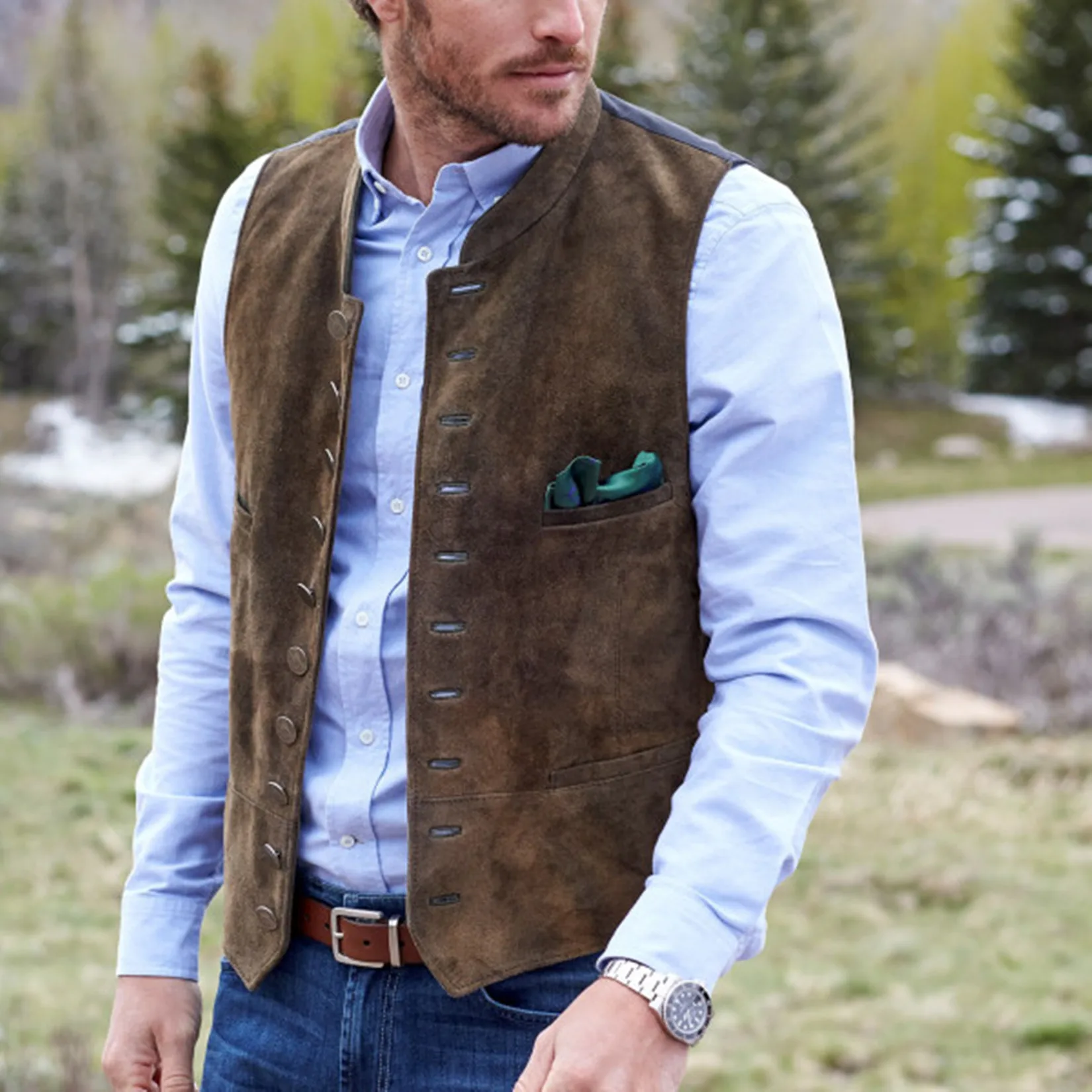 Men Brown Frosted Velvet Vest Daily Casual Style Waistcoat Round Neck Single Breasted Sleeveless Male Jacket