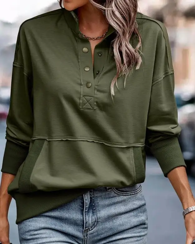 

top women 2023 Autum Spring New Fashion Casual High Neck Buttoned Pocket Design Top Female Clothing T-Shirts Pullover Tops