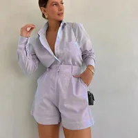 Women's Long Sleeve 2-Piece Set Casual Button Detail Shorts Outfit with Shirt Top Summer Fashion Female Suit - Image 3