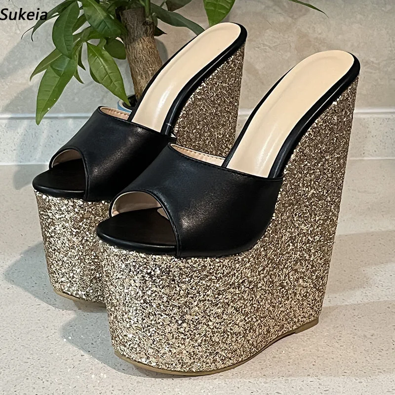 

Sukeia New Women Platform Mules Sandals Wedges High Heels Slip On Peep Toe Classics Black Casual Shoes Ladies US Plus Size 5-15