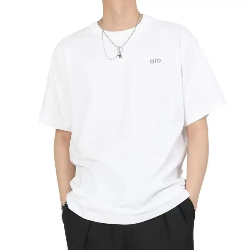 ALO basic solid color short-sleeved T-shirt for men and women, loose and made of pure cotton, classic and versatile for summer. 4