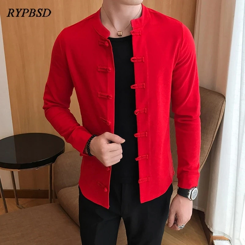 Men Long Sleeve Linen Shirt Brand Mandarin Collar Casual Kimono Traditional Chinese Style Regular Fit Mens Dress Shirts Big Size