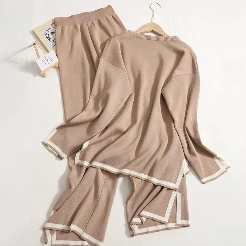 

Autumn Winter O-neck Long Sleeve Side Slit Pullover Sweater+high Waist Wide Leg Pants Two Piece Set Women Casual Tracksuit