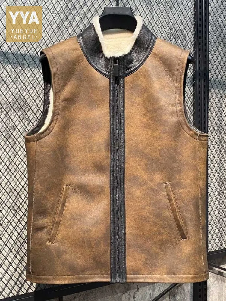 겨울 양모 Shearling 양복 조끼 남자  가죽 스탠드 칼라 따뜻한 진짜 모피 조끼 지퍼 빈티지 캐주얼 민소매 자 켓