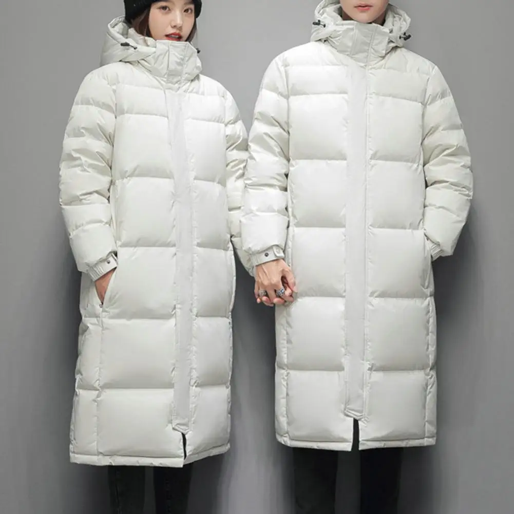 Solid Color Coat Windproof Unisex Winter Down Coat with Stand Collar Hooded Neck Pockets Warm Thickened Mid Length for Couples