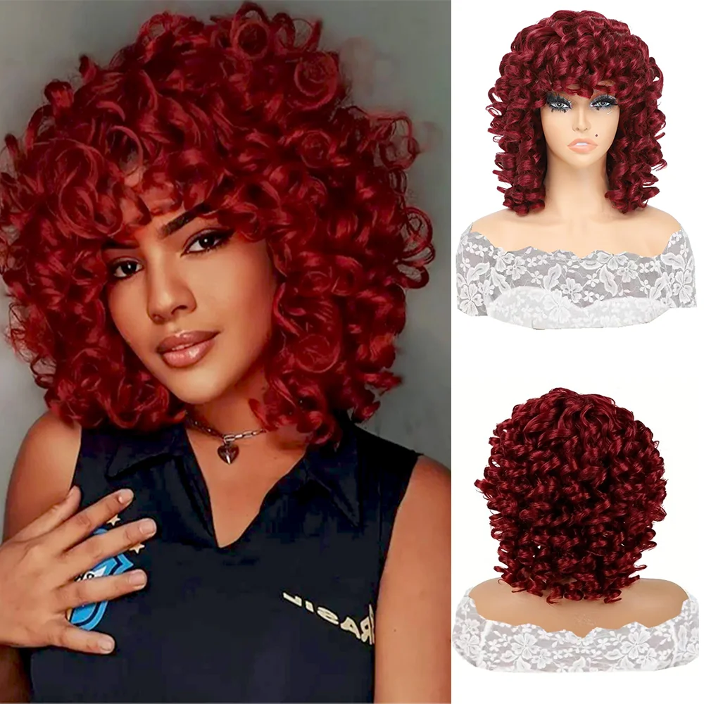 Curly wig Synthetic Heat Resistant Wigs Bouncy Curls Wigs with Bangs Burgundy 14 inch Chemical Fiber Wig Bangs Wig Daily Used