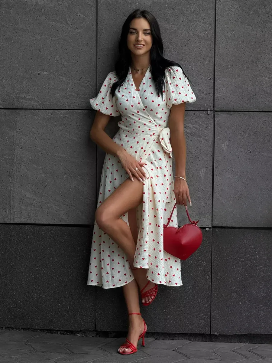 Women's Loose Fit Cotton Blend Maxi Dress with V-Neck & Short Sleeves S475e7f0babf94c058a8d9b96b02e097el