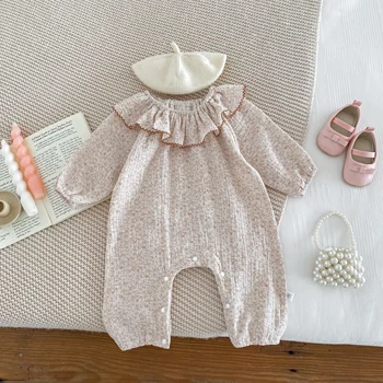 Korean Style Newborn Bodysuit Baby Girls Chiffon Fabric Long Sleeves Frilled Collar Floral Prints Infant Romper 0-2yrs 1