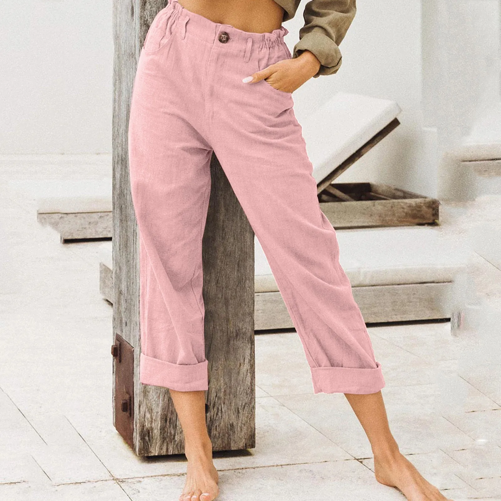 

Cotton Linen Loose Drawstring Women's Pants Wide-Leg High Waist Trousers Women Korean Solid Pocket Female Stretch Straight Pants