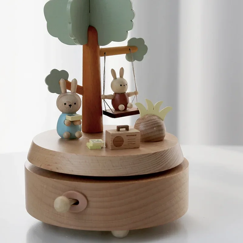 Creative Wooden Music Box Printed Green Small Tree Rabbit Music Box Children's Birthday And Valentine's Day Small Gift Handicrat 4
