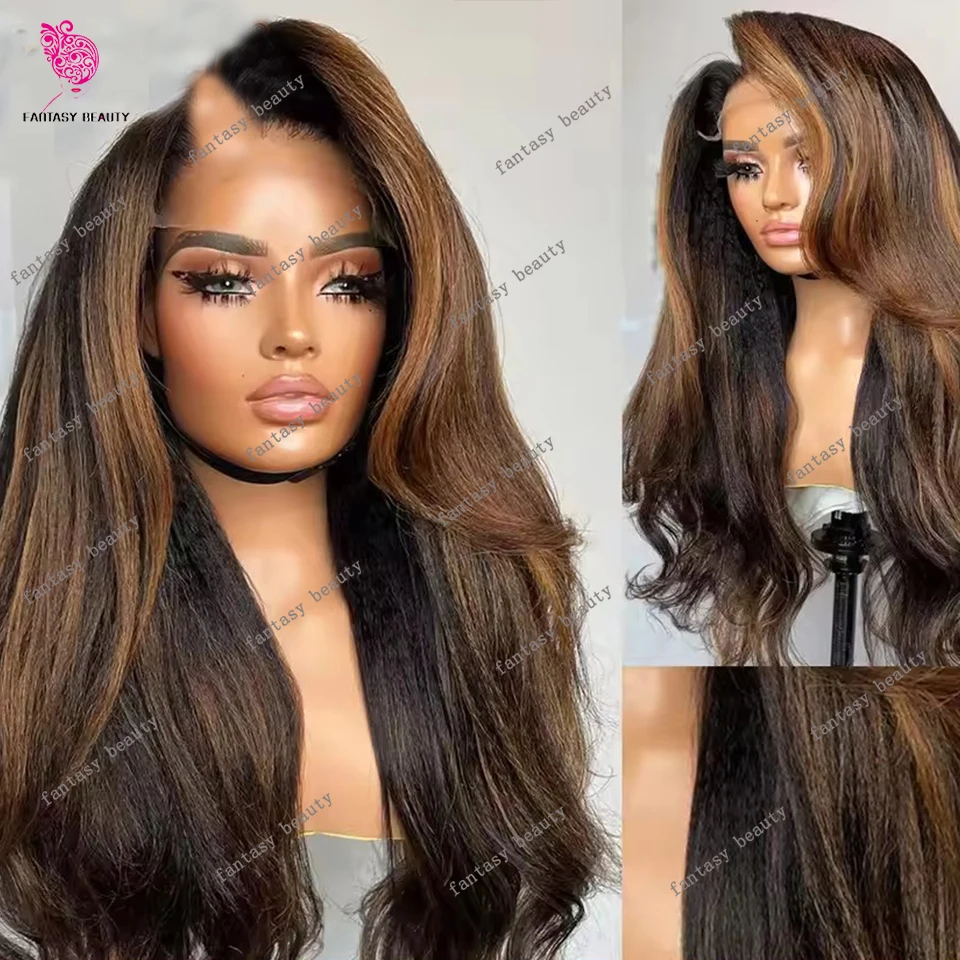 Highlight Chestnut Brown Blonde Kinky Straight V Part Wig 100% Human Hair Wig Yaki Straight U Part Wig No Glue Friendly Full End