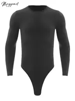Mens One Piece Thongs Leotard Sleepwear Rompers Round Neck Long Sleeve Press Buttons Bodysuit Casual Wear High Cut Nightwear