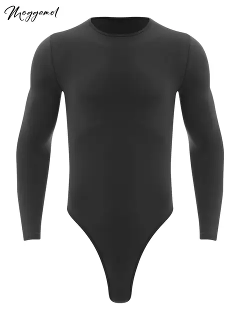 Mens One Piece Thongs Leotard Sleepwear Rompers Round Neck Long Sleeve Press Buttons Bodysuit Casual Wear High Cut Nightwear