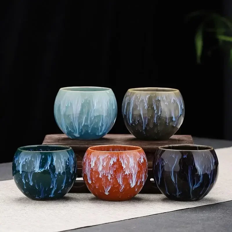 1set 5pcs Dragon Eggs Teacup Kiln Variations Teacup Home Ceramic Tea Set Master Cup Kung Fu Tea Bowl Business Gift Drinkware
