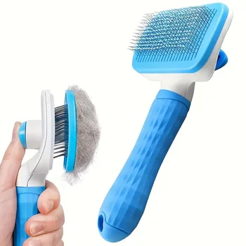 1pc Easy-to-Clean Pet Grooming Brush with Self-Clean Button for One-Click Hair Removal - Curved Pin Deshedding Comb