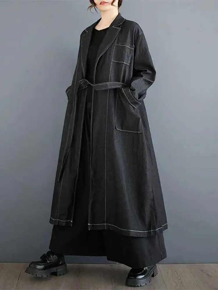 Description Picture 6 of itemSHENGPALAE Vintage Denim Long Windbreaker For Women Lace-up Pockets Solid Color Niche Design Loose Female New Trench Coat 5G355