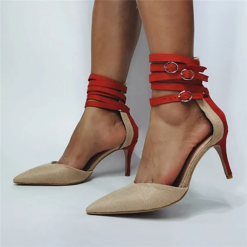 Kolnoo New Simple Style Handmade Ladies Stiletto Dress Pumps Red-buckle Straps D'orsay Daily Wear Fashion Party Prom Court Shoes
