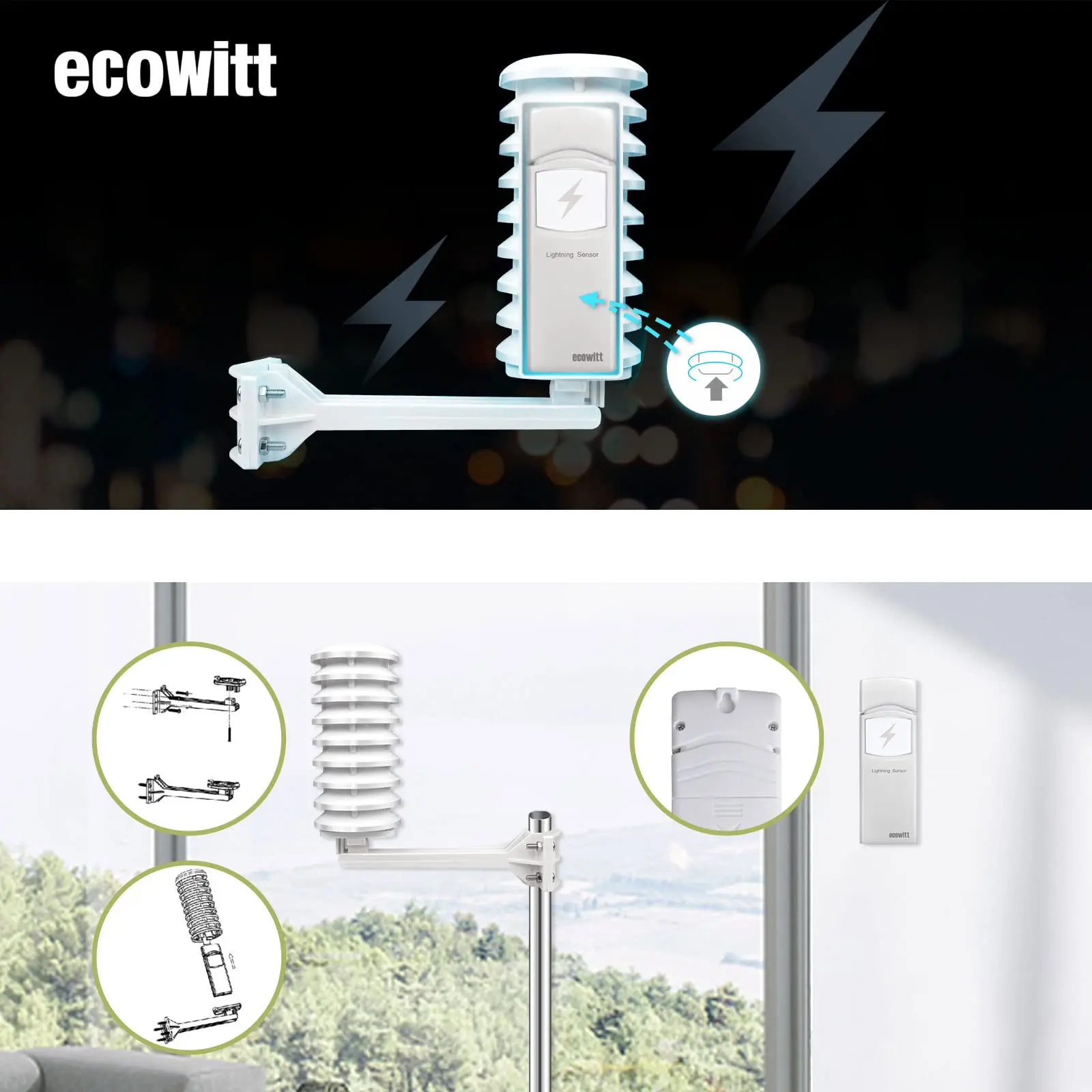 Ecowitt WH57 Wireless Lightning Detection Sensor with Solar Radiation Shield, Detects Lightning Bolts and Storms within 25 Miles