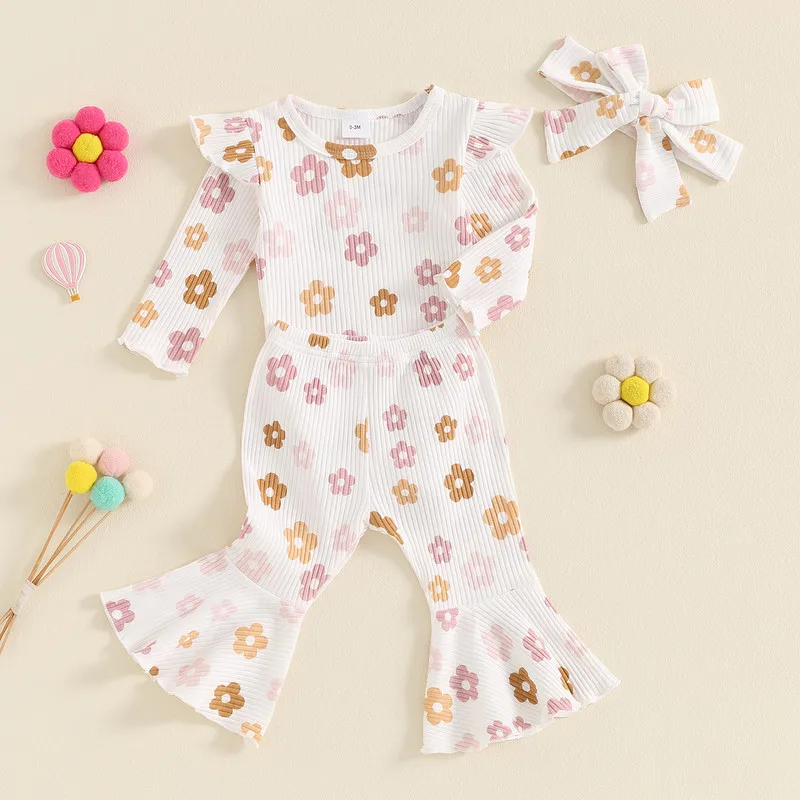 

RUEWEY 0 to 18 Months Baby Girls 3PCS Pant Sets Spring Autumn Clothes Flying Sleeve Floral Bodysuit Flared Pants Headband Sets