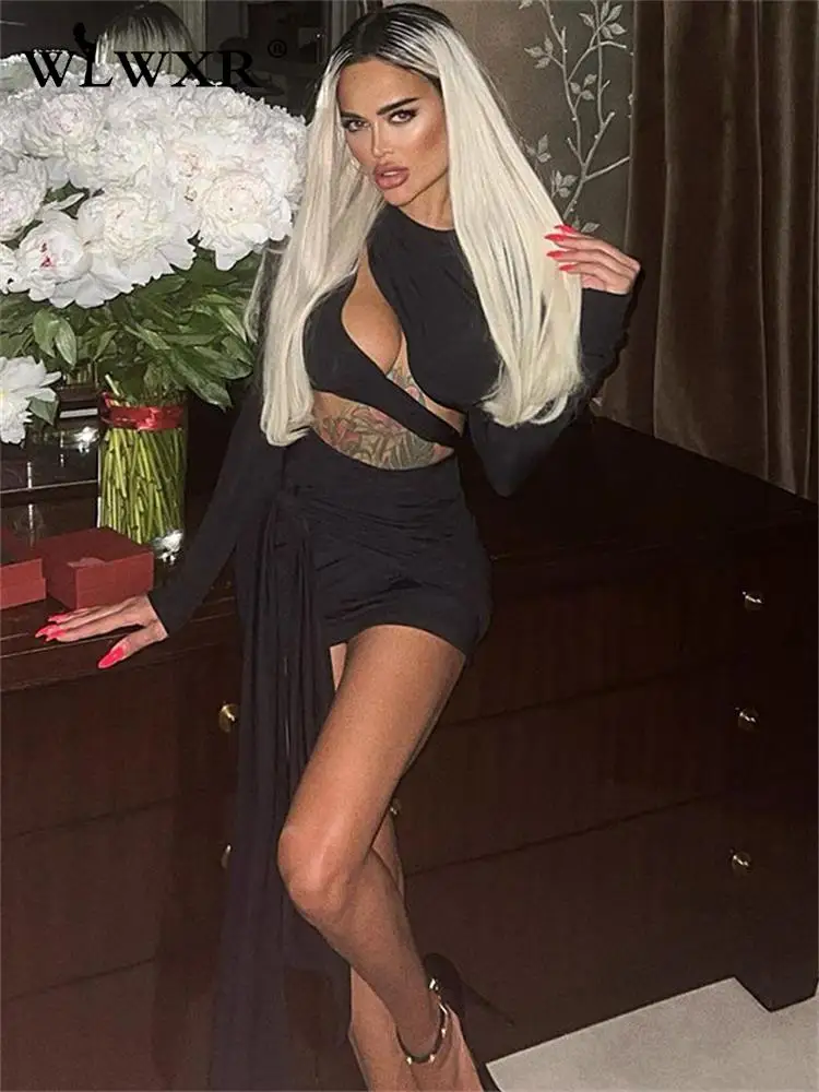 

WLWXR Fall Fashion Hollow Out Dresses For Women O Neck Long Sleeve Dress Club Outfit Bandage Bodycon Black Mini Dress Female