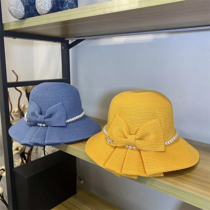 waterproof bucket hat womens Romantic bowknot flower straw hat fashion versatile solid color folding outdoor sun protection hat small fragrance pearl hat beach bucket hat