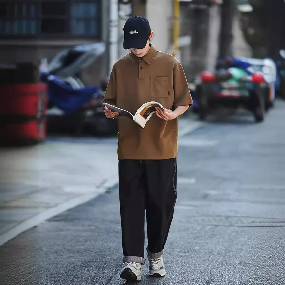Polo a maniche corte da uomo, tinta unita, con taschino, estivo, vestibilità ampia, con risvolto, t-shirt casual a mezza manica, top - immagine 3