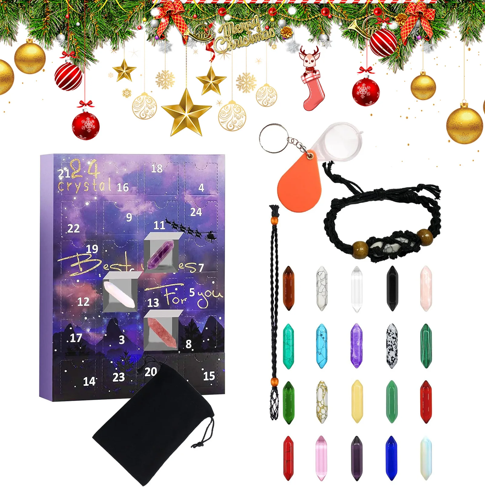 24 Days Crystal Advent Calendar 24 Days Crystal Christmas Advent Blind Box for Christmas Countdown Holiday