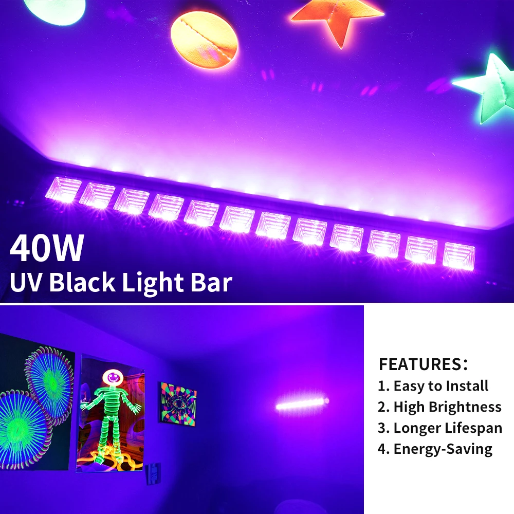 40W 3 Pack LED Black Light Bar, UV BlackLights ，Light UP 22*22ft*3，Fluorescent Body Paint Halloween Decorations