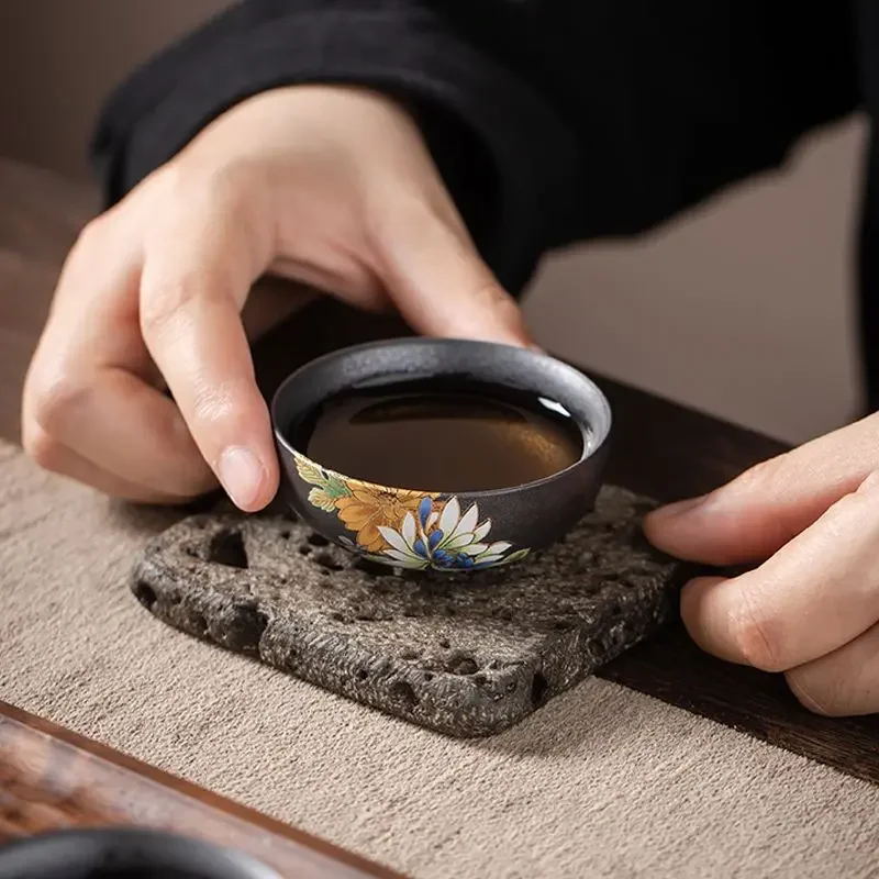 Kiln turned silver black hot stamping relief craft tea cup Goupin cup antique ceramic master cup tea cup Kung Fu tea set