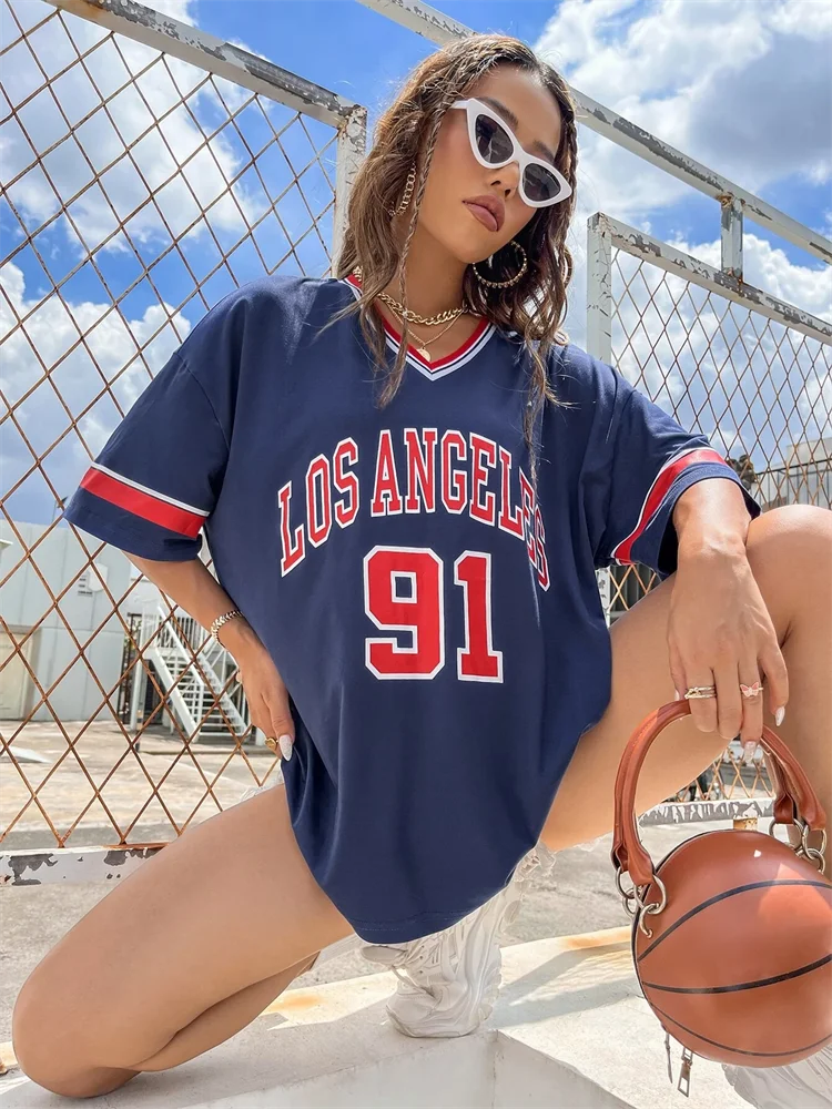 Los Angeles Number 91 TShirt For Men Women Summer Oversized V-neck Tee Harajuku Trend Short Sleeve Female Streetwear Tops Unisex 4