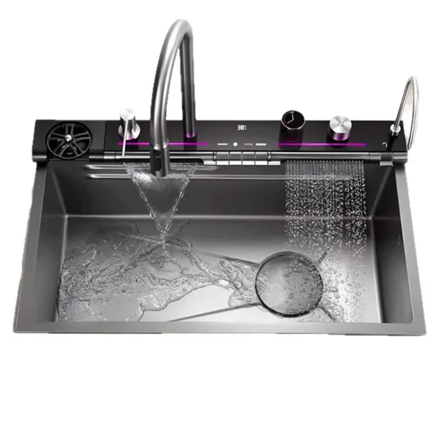 อ่างล้างจานสแตนเลส 304 แบบน้ำตก ดีไซน์หรูหราทันสมัย พร้อมจอแสดงผล LED ชุดก๊อกน้ำอ่างล้างจานพร้อมที่จ่ายสบู่และแก้ว 5