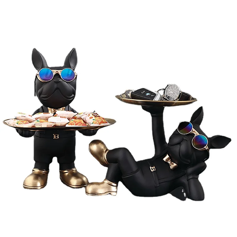 

Creative Bulldog Animal Figurines Ornaments Home Living Room Porch Candy&Key Storge Tray Nordic Resin Anime Desktop Decoration