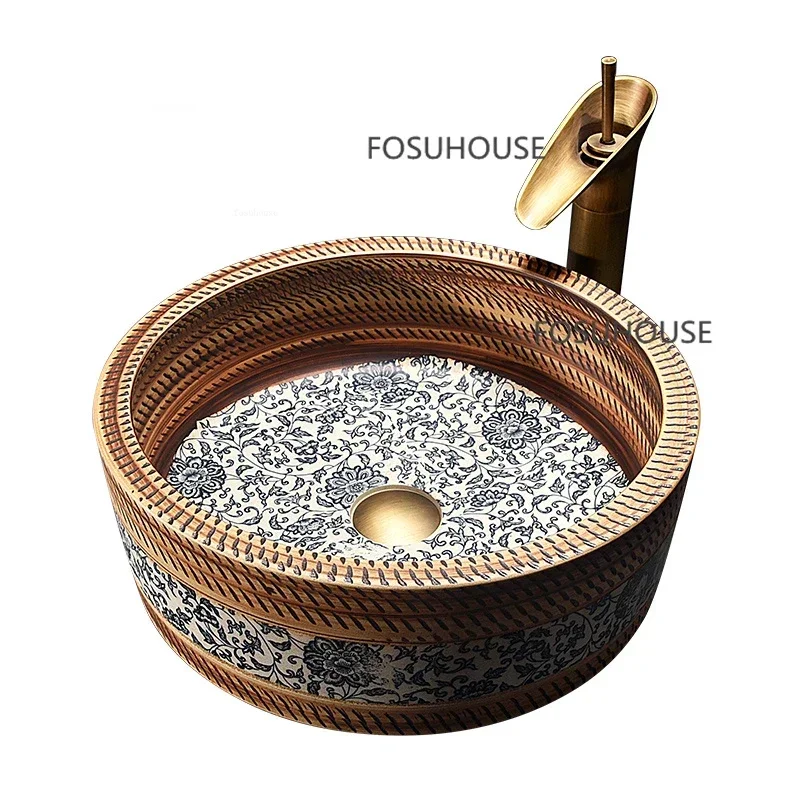 Designer Retro Ceramic Bathroom Sink Art Bathroom Fixture Household Balcony Sink Round Blue and White Porcelain Countertop Sink 2