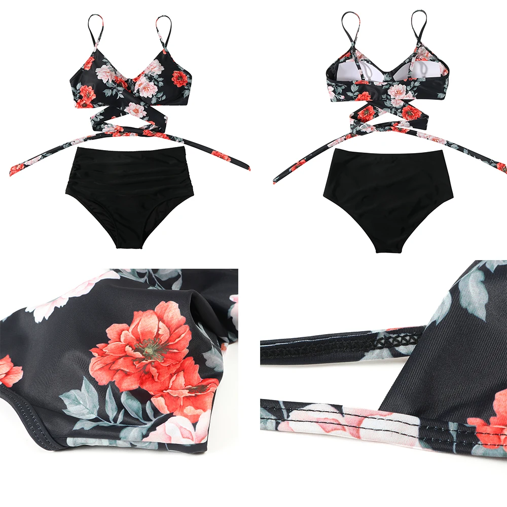 Women Swimsuit High Waist Sexy Bikini Set Two Pieces Floral Beachwear V-Neck Bathing Suits