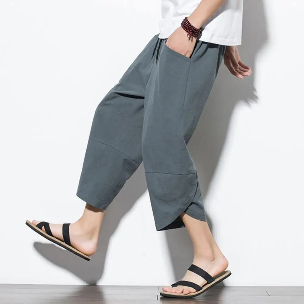 

Stylish Men Trousers Elastic Waist Ethnic Style Men Summer Trousers Mid-calf Length Men Sweatpants