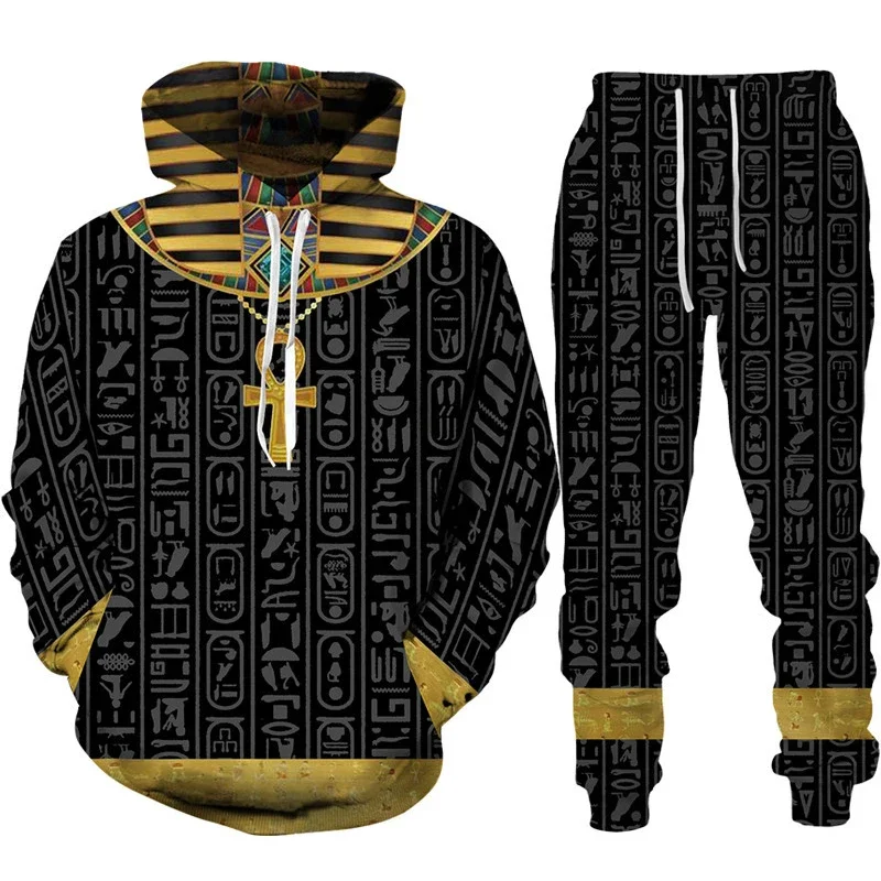 Men Hoodie Sets 3D Print Ancient Horus Egyptian God Eye of Egypt Pharaoh  Casual Loose Men's Hoodie+Pants Streetwear Jogging Set 2