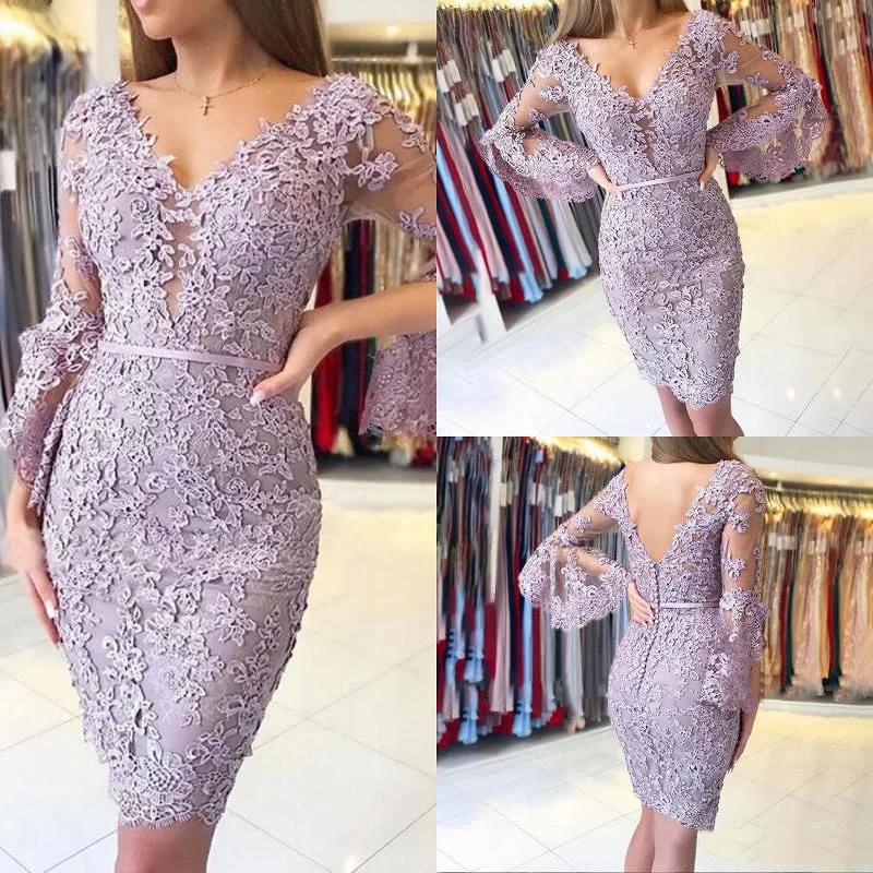 

New Lavender Purple Prom Dress Mermaid V-Neck Illusion Lace Applique Long Sleeve Knee Length Wedding Banquet Guest Evening Gowns