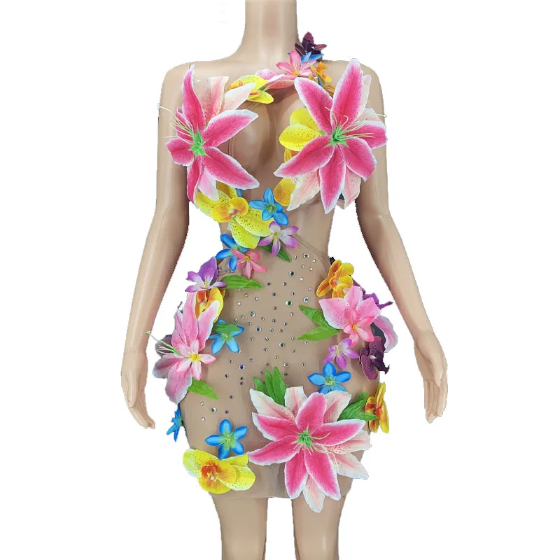 

Rhinestone Women Sparkly Nude Mesh Transparent Flowers Dress Party Prom Birthday Party Nightclub Show Stage Wear