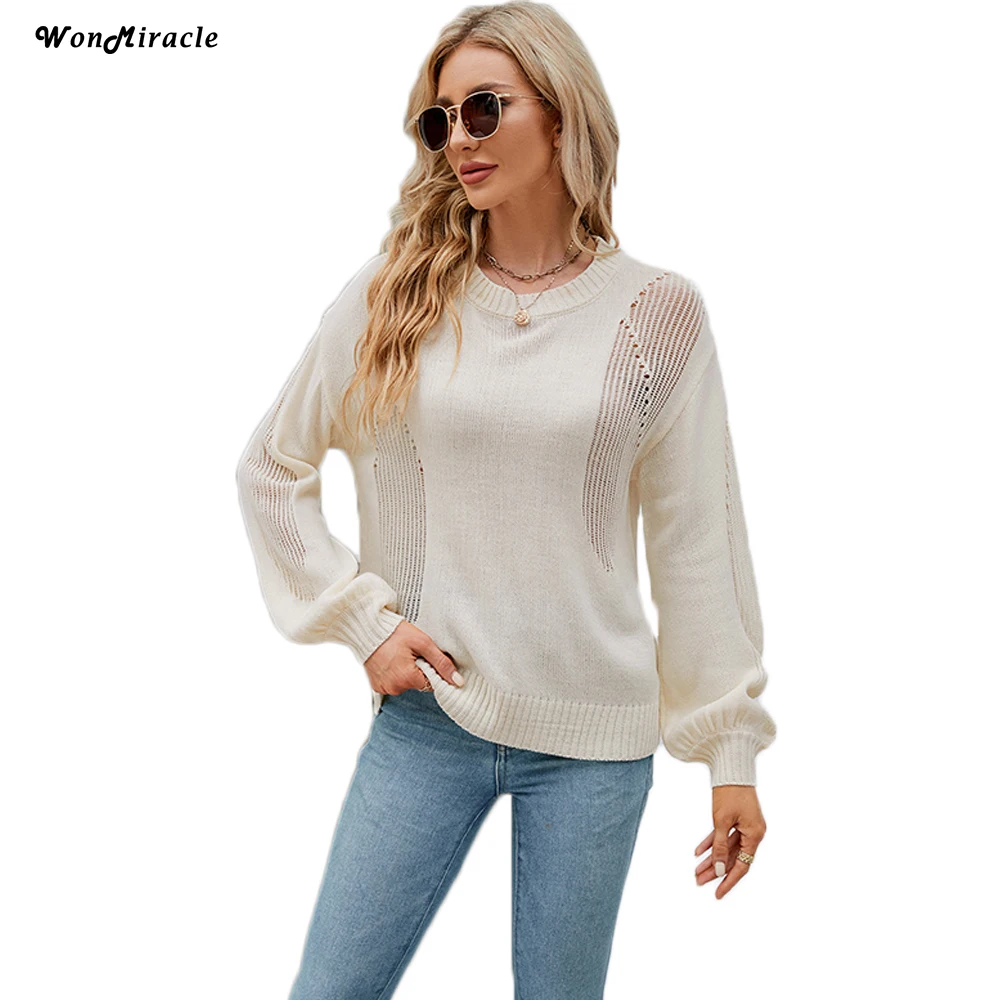

WonMiracle Knitting Solid Hollow Out Womens Tops And Blouses Elegant O Neck Long Sleeve 2023 Spring Autumn Casual Female Tunic