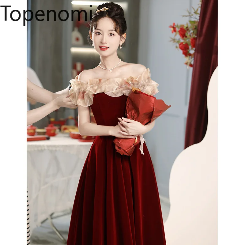 

Topenomi One Shoulder Ruffled Red Velvet Bridal Gown French Elegant Engagement Party Mid Length Dress Vintage Evening Dresses
