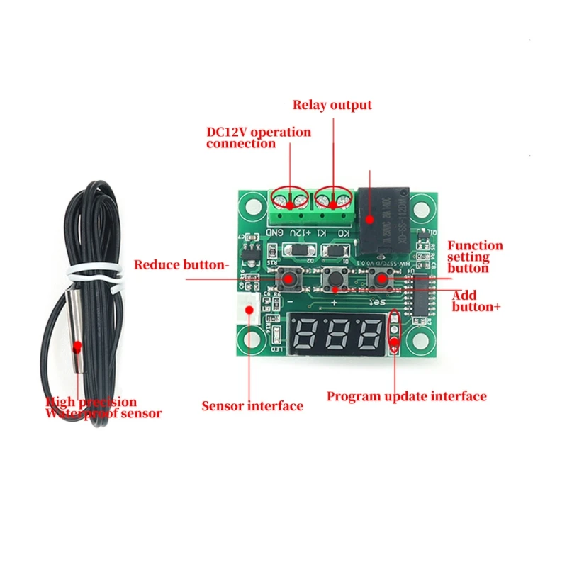 Digital Temperature Controller with Sensor and Relay Switch, -50 to 110°C, DC 5V-12V