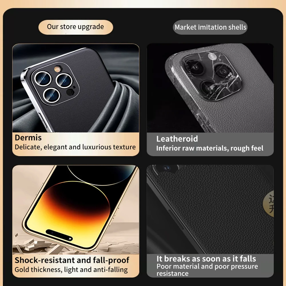 Luxury Genuine Cowhide Leather Phone Case with Full Lens Protection and Elegant Plating Design