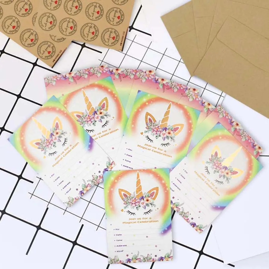Unicorn Party Invitation Set Rainbow Unicorn Cards Envelopes and Stickers Ideal Baby Shower wedding party 10PCS greeting cards wedding invitations