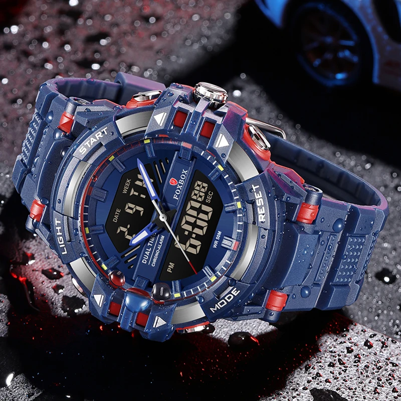 FOXBOX Top Brand Luxury Men's Quartz Wristwatches Casual Business Military Sports Dual Display Watch Men Waterproof Chronograph