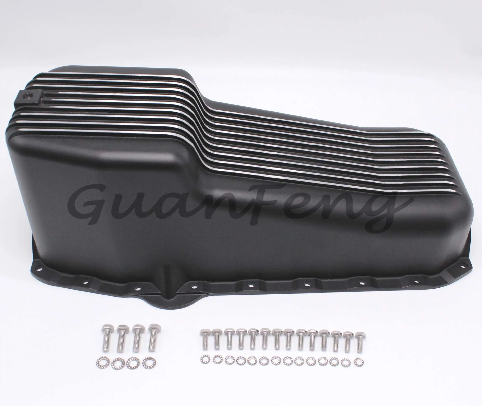 58-79 SBC For Chevy Finned Black Aluminum Oil Pan Small Block 283 305 327 350 HotRod 75039-BK VA1983 New Condition