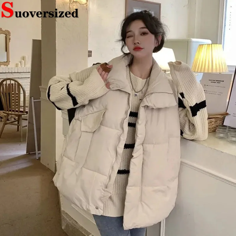 

Oversized 75kg Cotton Vest Loose Warm Winter Casaco Stand Collar Women Casual Waistcoat Loose Short Streetwear Sleeveless Jacket