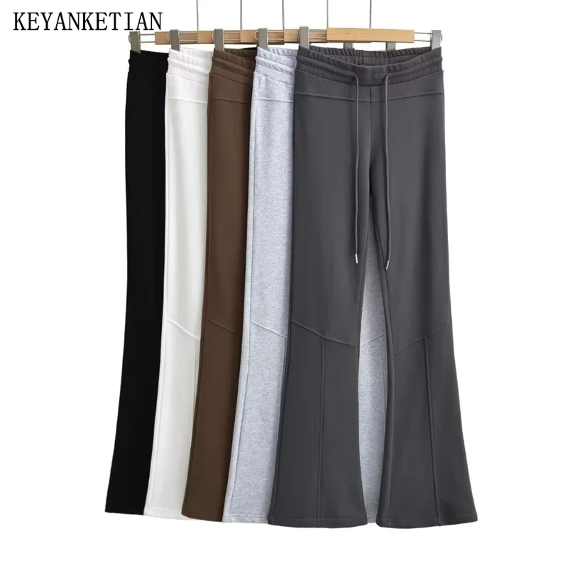 

KEYANKETIAN 2024 New Launch American Retro Knit Bell Bottoms Drawstring Elastic Waist Seam Detail Women's Slim-Fit Sweatpants