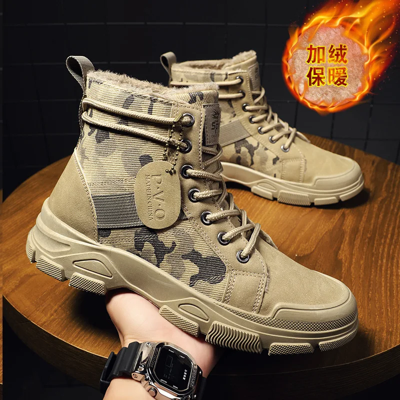 

Winter Men Boots Fleece Warm Shoes Outdoor Leisure Hiking Thick-soled Field Trend Camouflage Cotton Ankle Boots High Top Sneaker