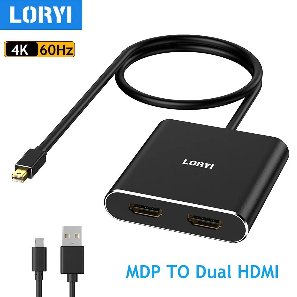 

LORYI Mini Displayport To Dual HDMI Splitter Adaptor 4K 60Hz Multi-Stream Transport (MST) Hub DP to 2X HDMI 2.0 Black Color