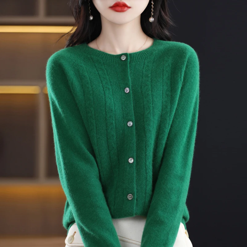 단색 루즈 100 순모 가디건, 봄 및 가을, 첫 번째 라인, 준비된 착용 코트, 여성 트위스트 꽃 기질 니트